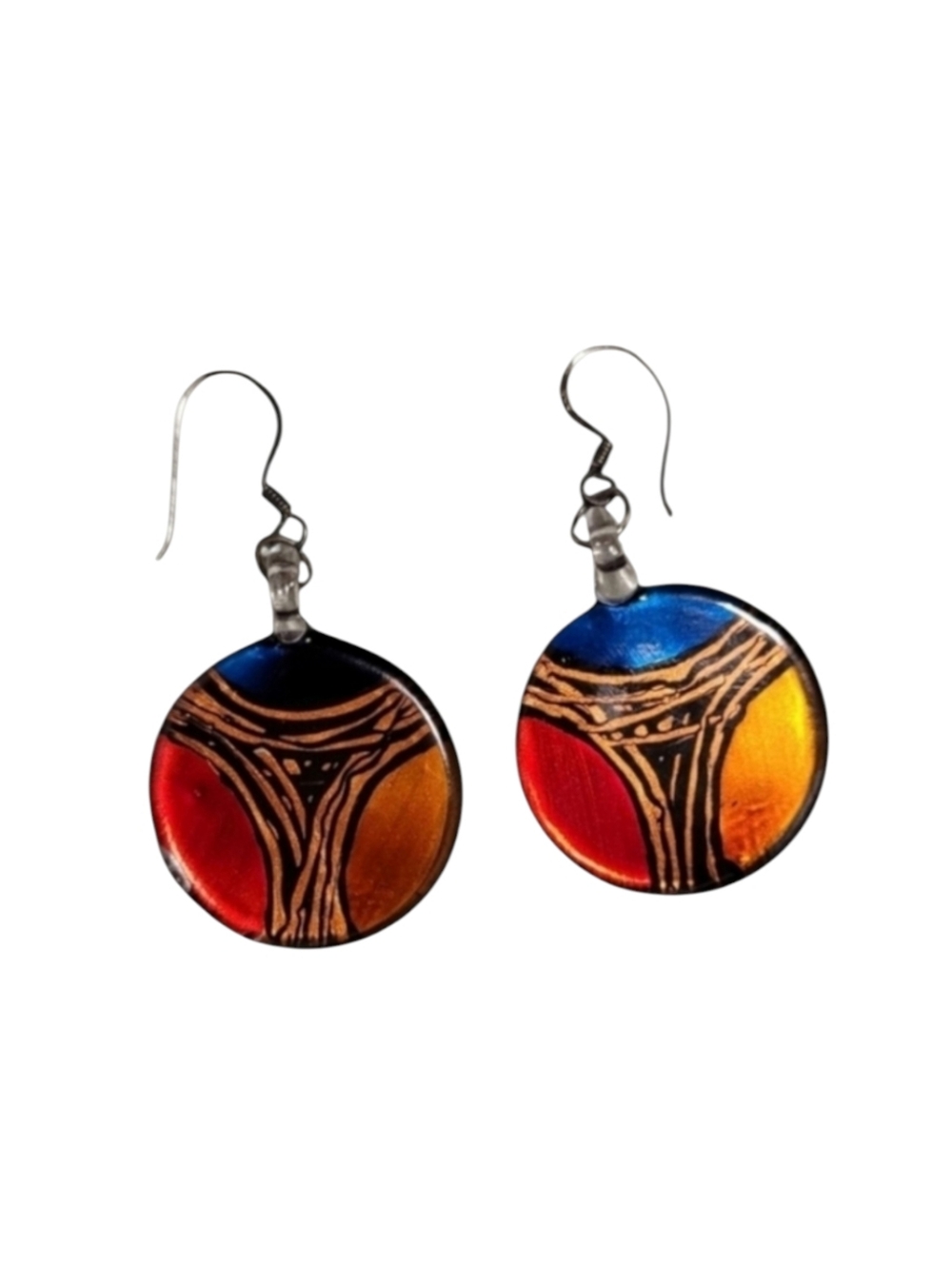 Glass Blown Circle Geometric Red Blue Black and Orange Ethnic Dangle Earrings